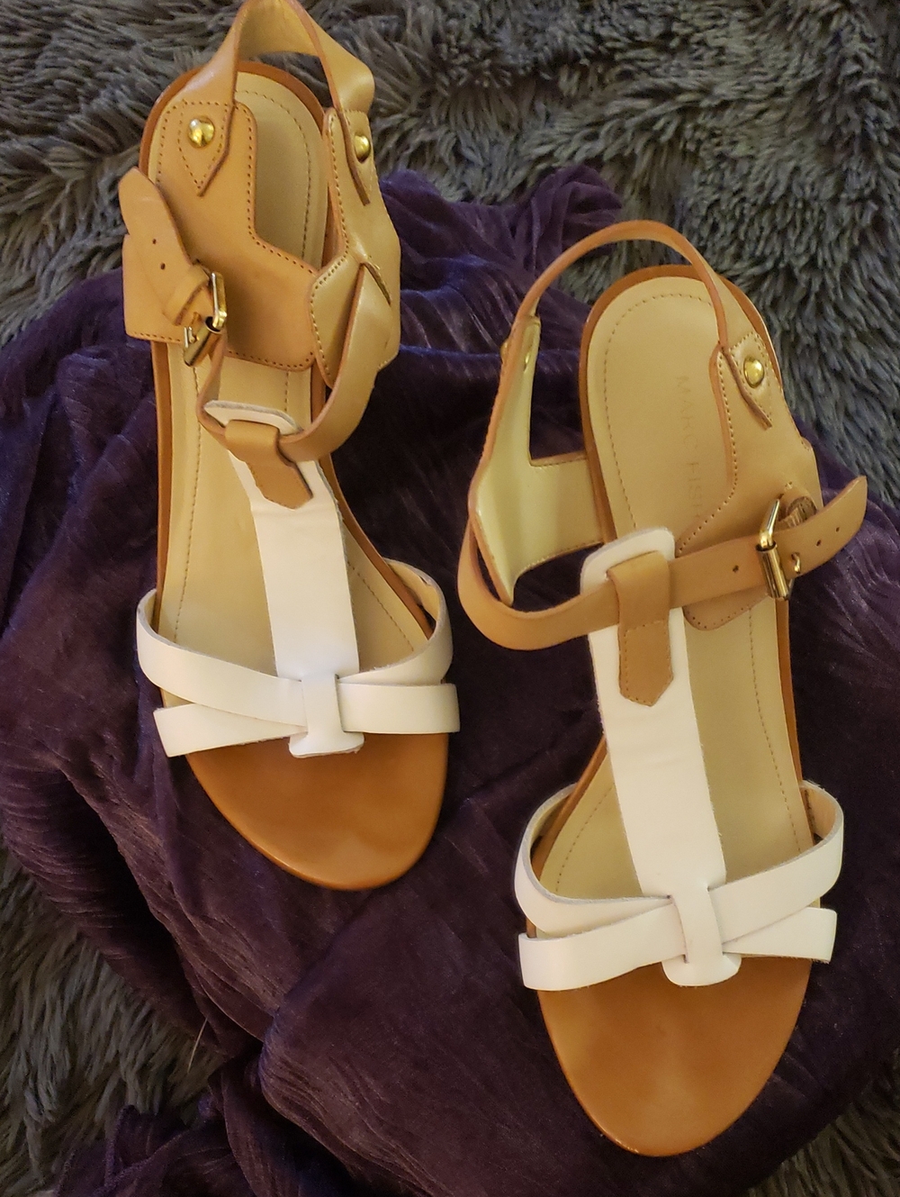 Marc Fisher White and Tan Leather T-Strap Sandals